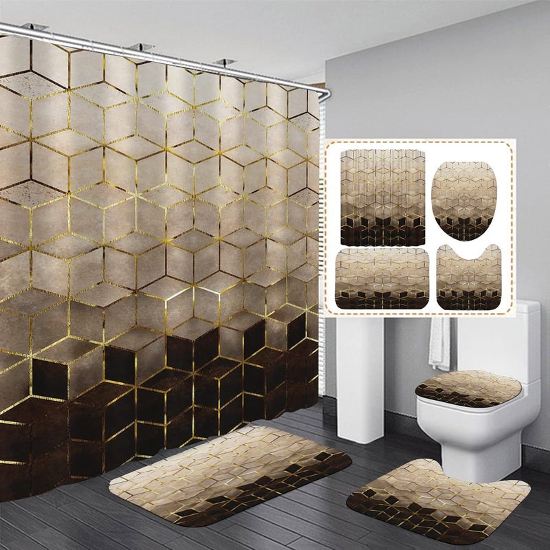 LQCOOL 4Pcs Brown Gradient Shower Curtain Set, Modern Geometric Shower Curtain Set Golden Cubic Lines Bathroom Set Texture Art Bath Accessories with Mats - Image 2